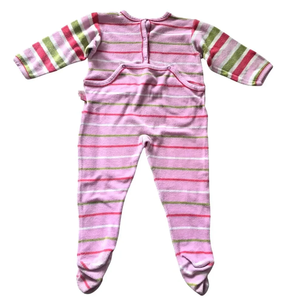 Petit Bateau Baby Girl Back Snap Footie Bodysuit Terry Cloth Pink Striped 12M
